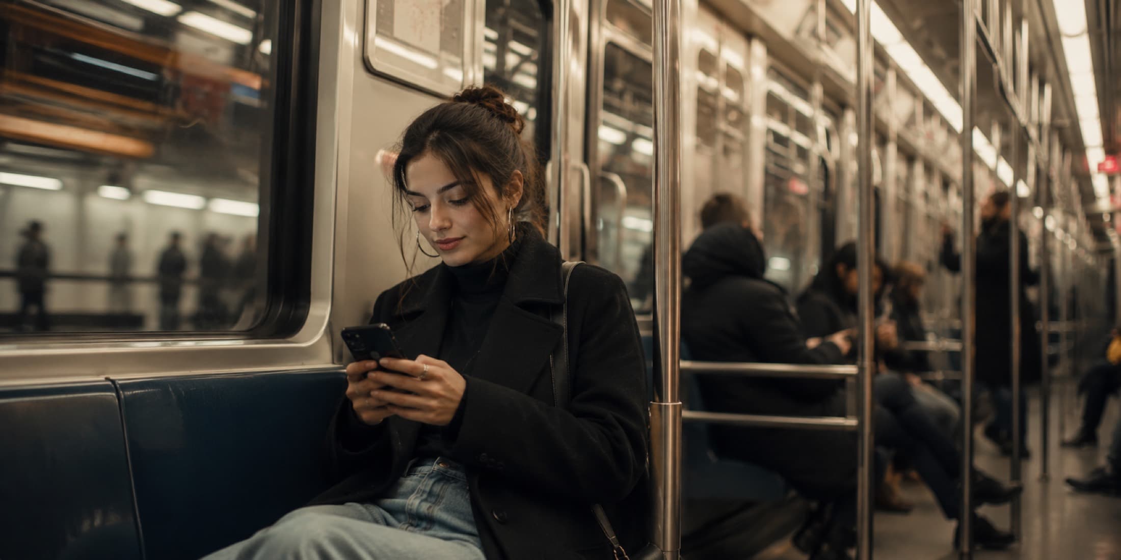 Metroda telefonuyla Quizo oynayan bir kullanıcı