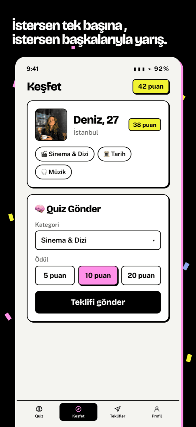 Keşfet ekranı: rakip kartı ve quiz teklifi