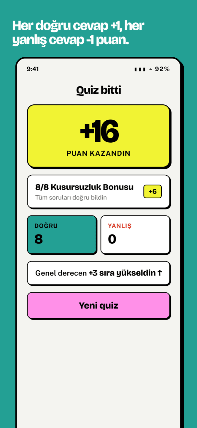 Sonuç ekranı: kazanılan puan ve kusursuzluk bonusu