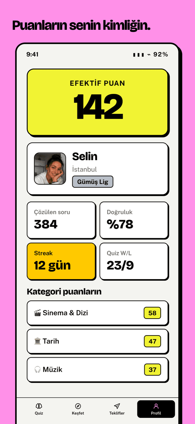 Profil ekranı: efektif puan ve istatistikler — "Puanların senin kimliğin."
